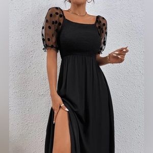 SHEIN Polka Dot Mesh Puff Sleeve Shirred Split Thigh Midi Dress Black